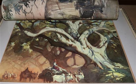 G. D. Paulraj (Indian, 20C), watercolour, Banyan trees and bullock carts & Sarna pair of garden scenes etc
